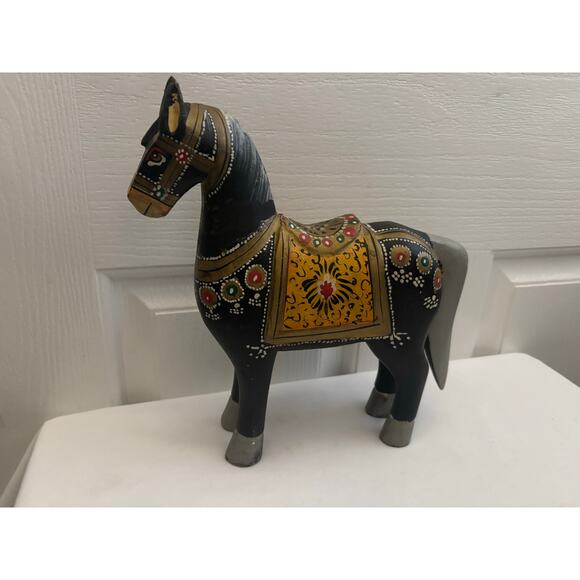 Vintage Painted Wooden Horse Statue India Folk Art Boho Decor - Picture 2 of 13